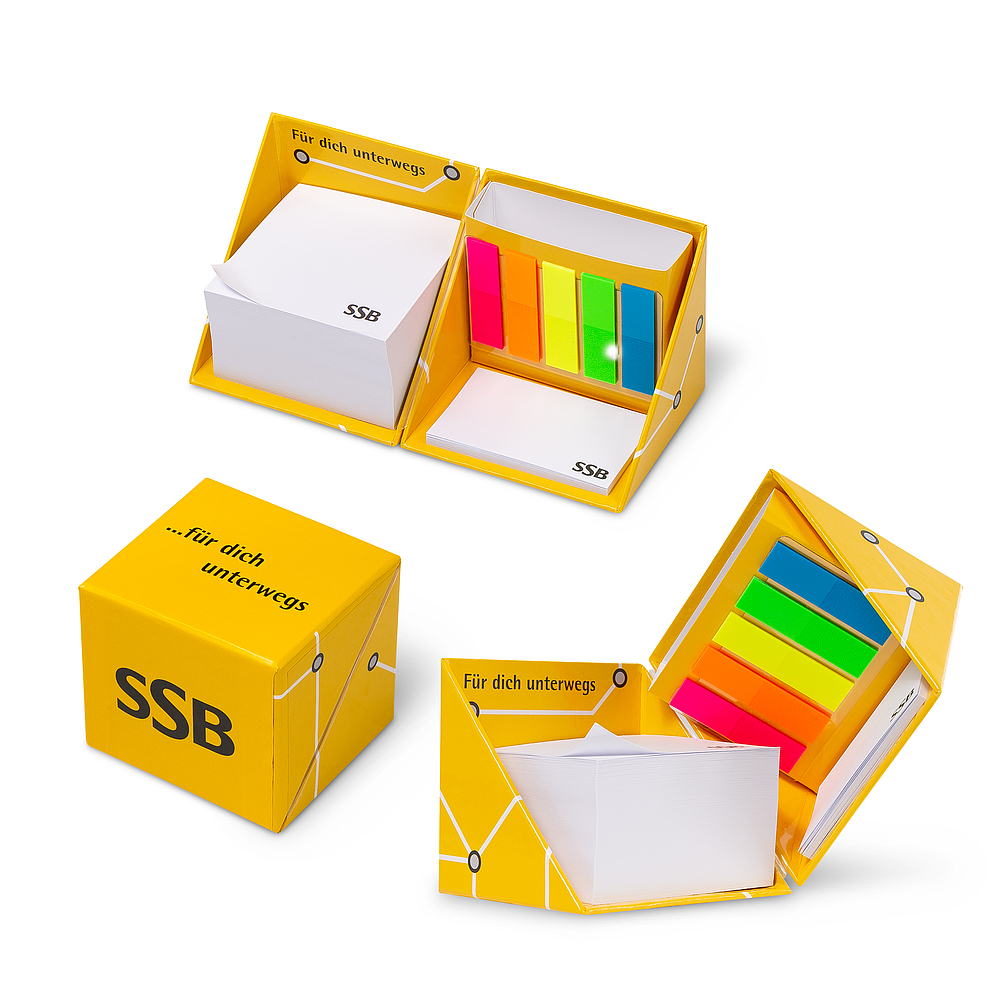 Kuubik märkmepaberite ja pliiatsihoidjaga